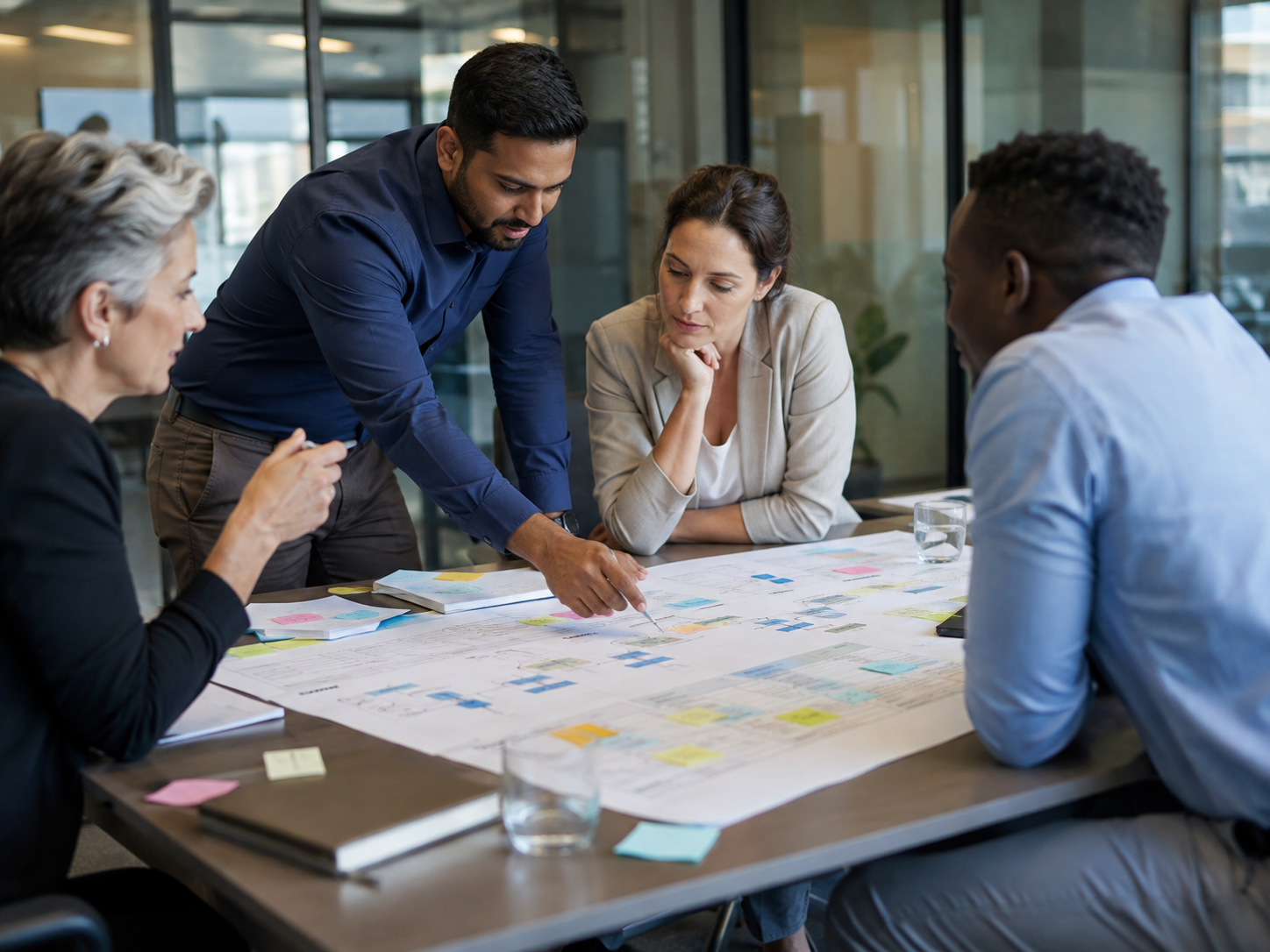 Colleagues reviewing a workflow together around a table