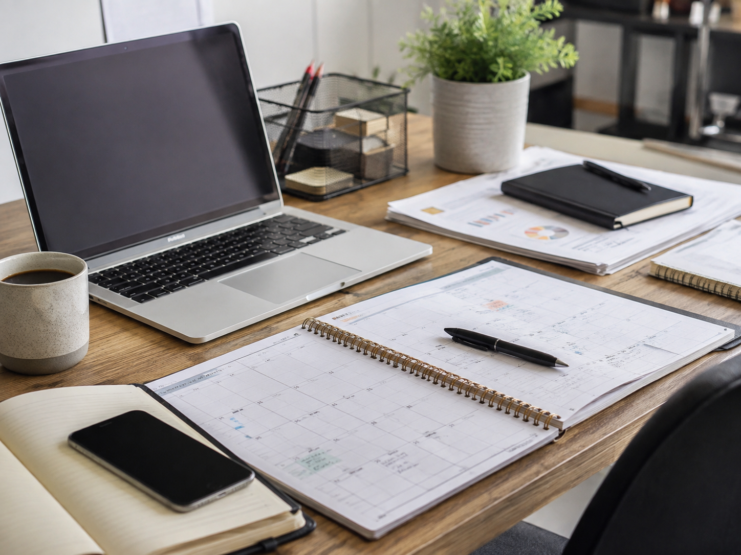 A laptop, notebook and planning calendar arranged on a desk